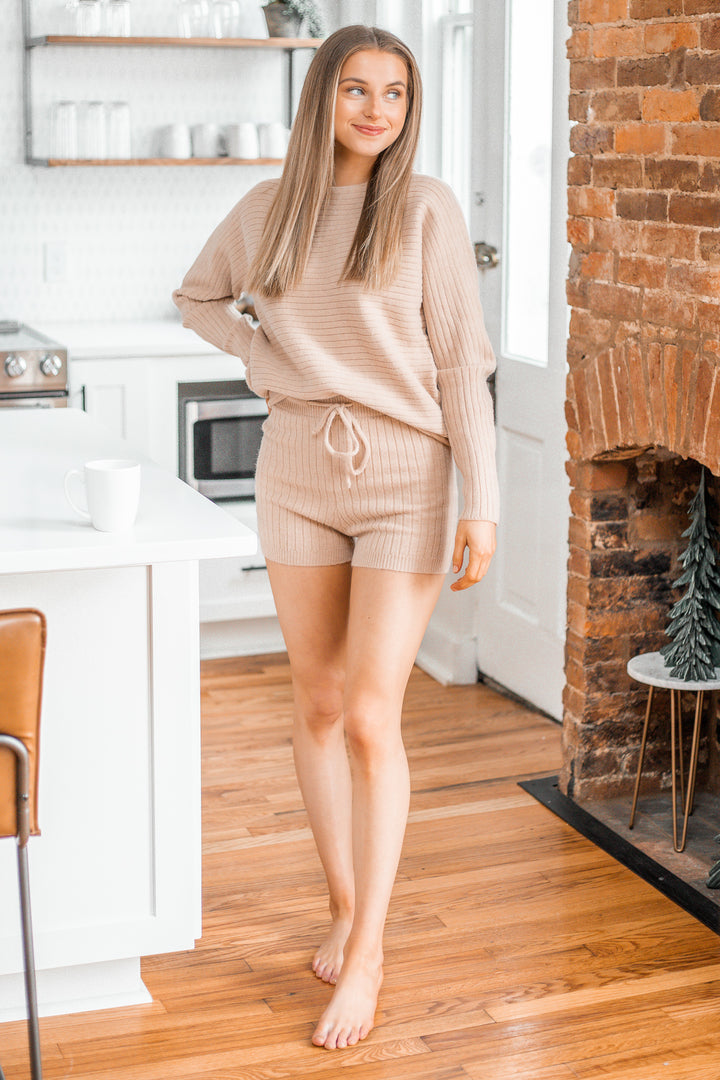 My Point of View Ribbed Drawstring Shorts Taupe