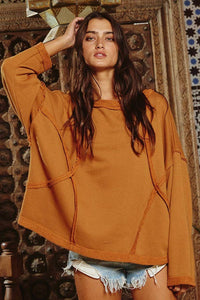 Oversized Solid Raw Edge Detail Long Sleeve Top