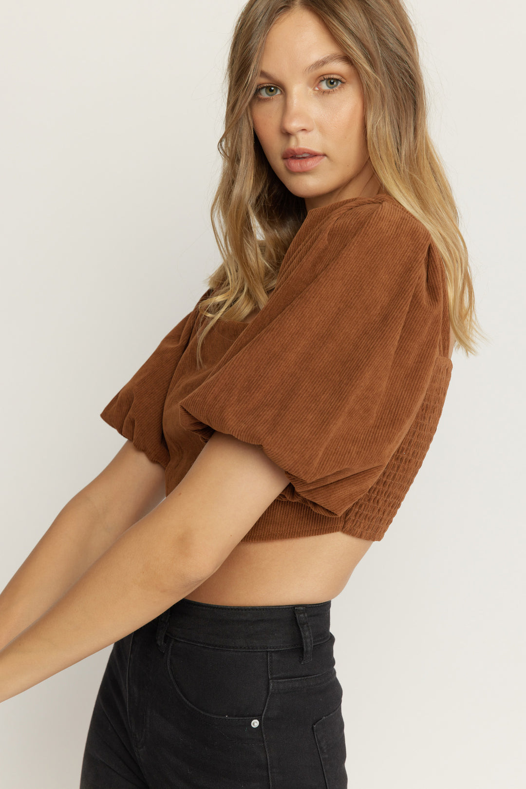 Sweet Nothing Cropped Puff Sleeve Top Brown