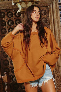 Oversized Solid Raw Edge Detail Long Sleeve Top