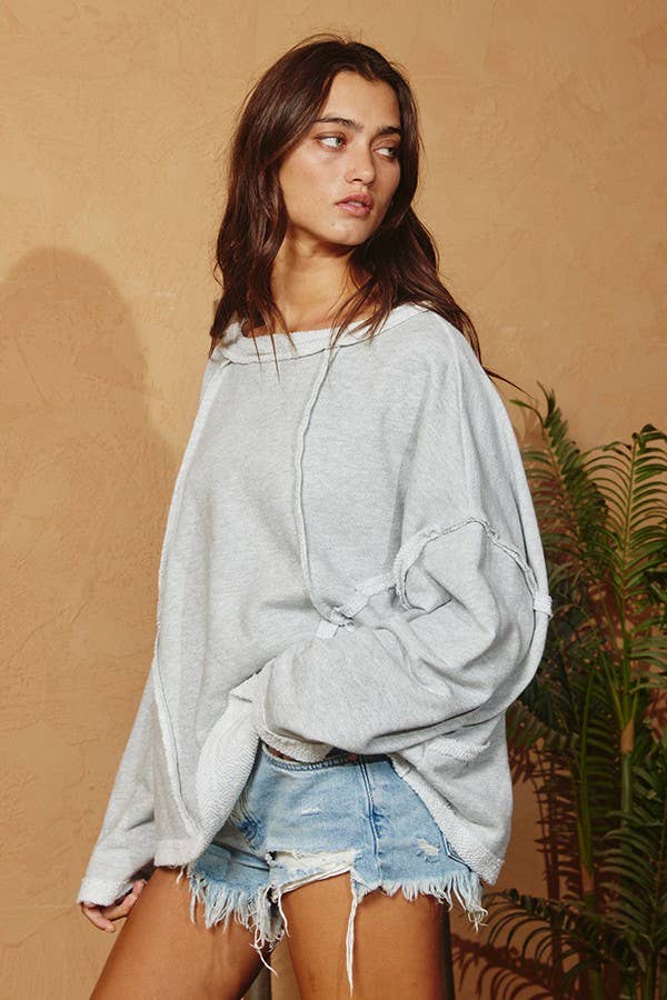 Oversized Solid Raw Edge Detail Long Sleeve Top