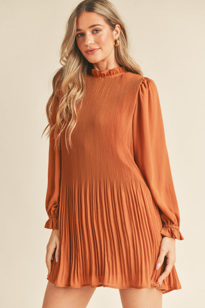 Get To You Pleated High Ruffle Neck Mini Dress Ginger