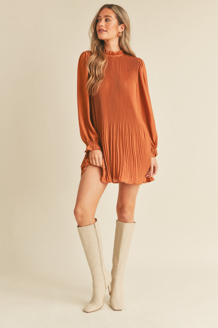 Get To You Pleated High Ruffle Neck Mini Dress Ginger