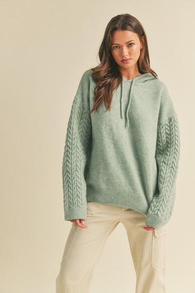 Here With Me Cable Knit Hoodie Two Tone Sage