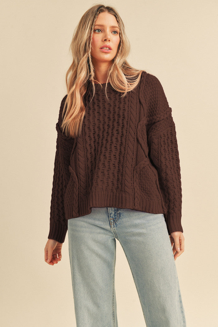 Adore You Braided Cable Knit Sweater Chocolate Brown