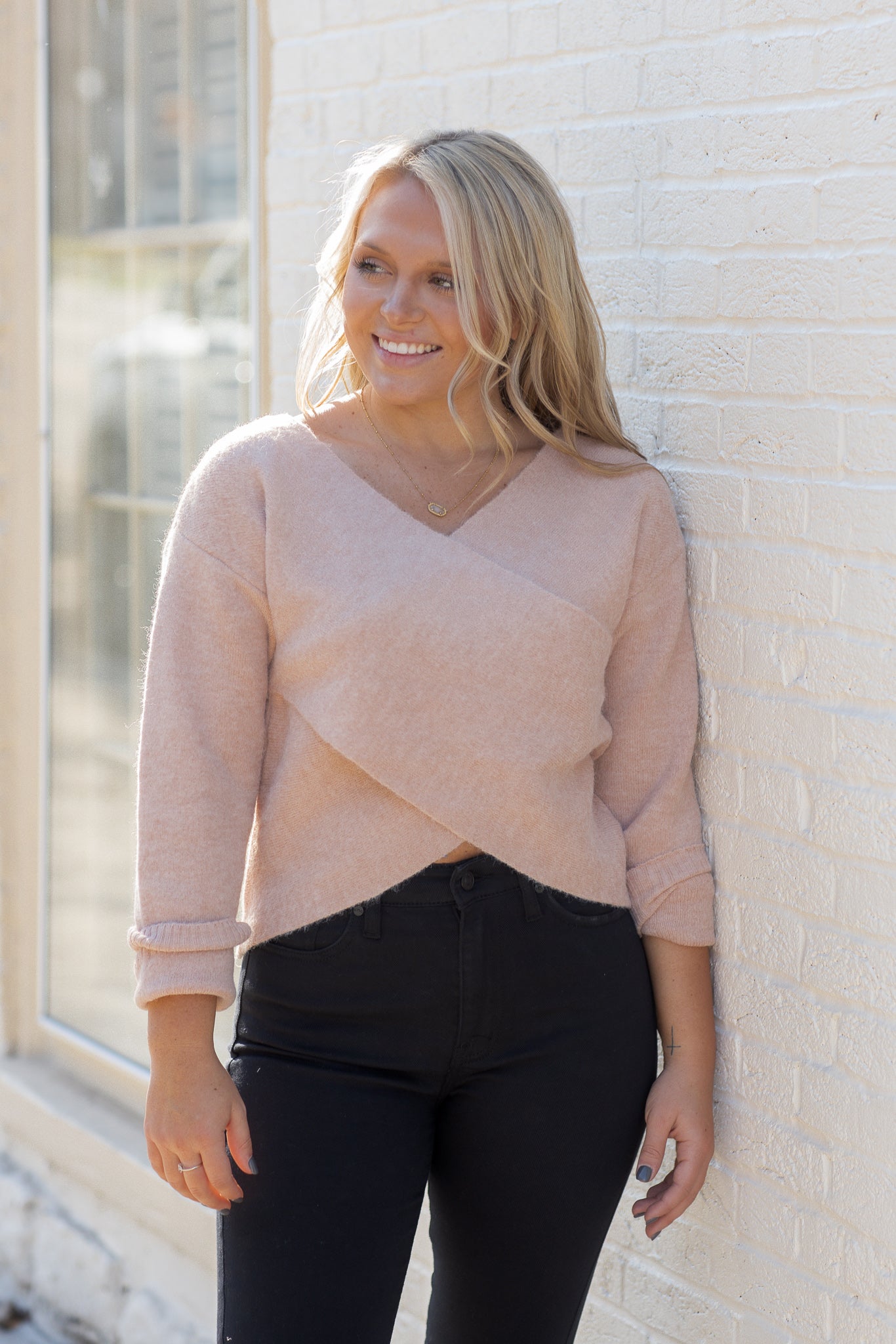 All About It Crossover Sweater Blush