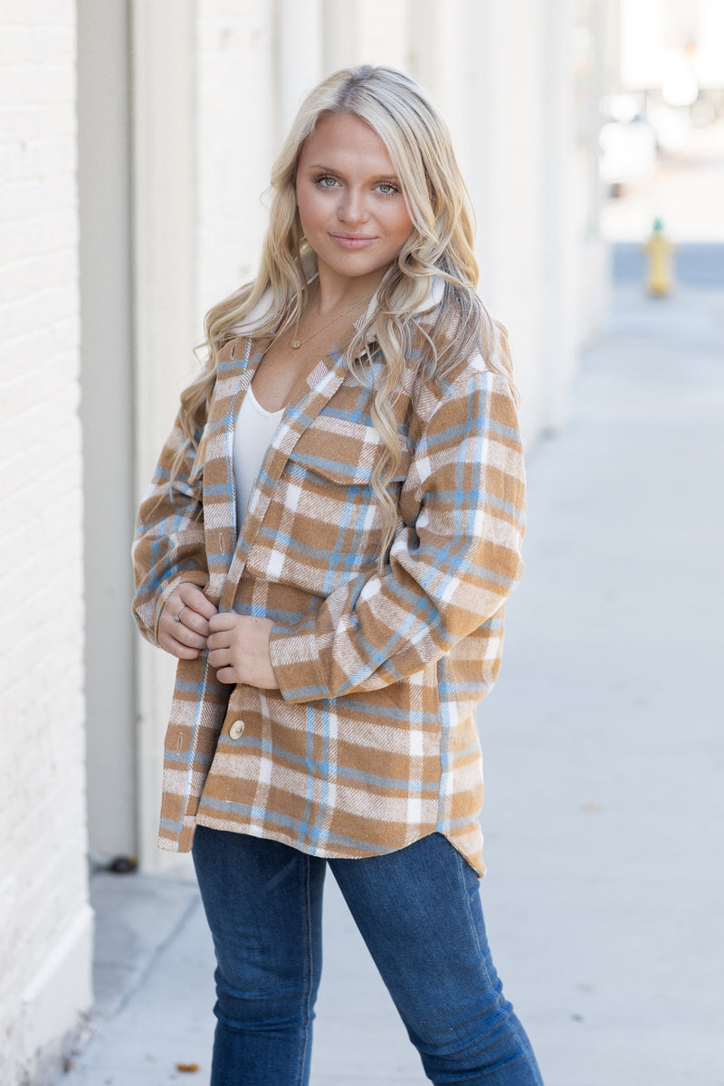 By The Fireside Plaid Shacket Taupe