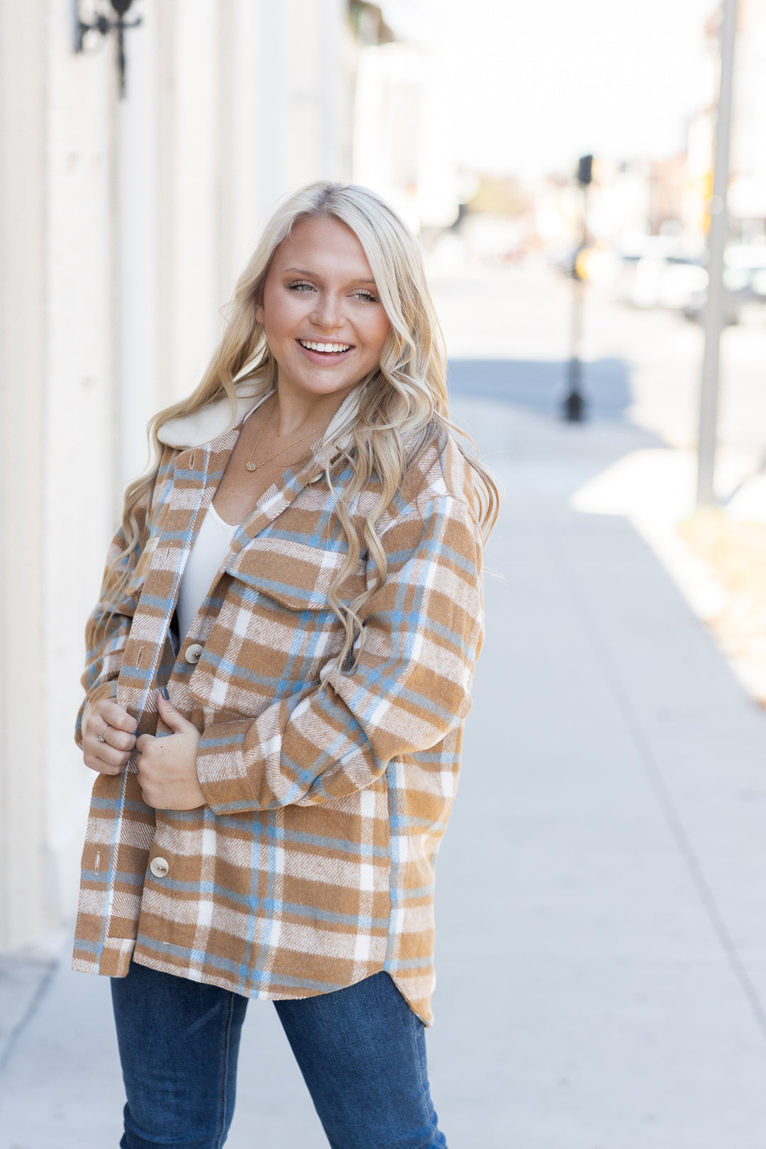 By The Fireside Plaid Shacket Taupe