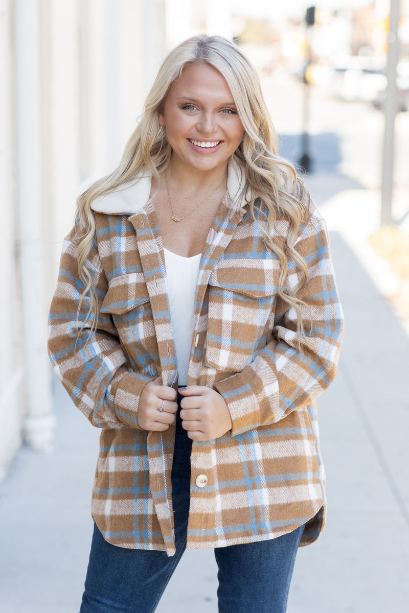 By The Fireside Plaid Shacket Taupe