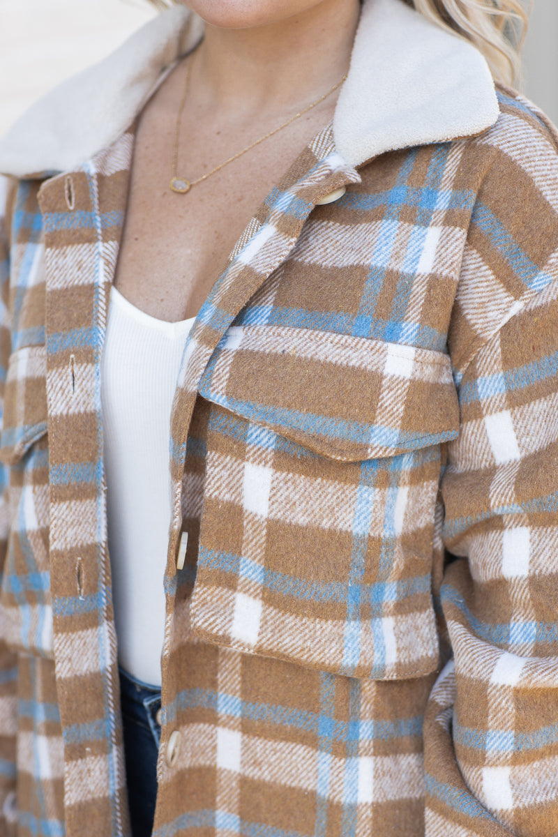 By The Fireside Plaid Shacket Taupe