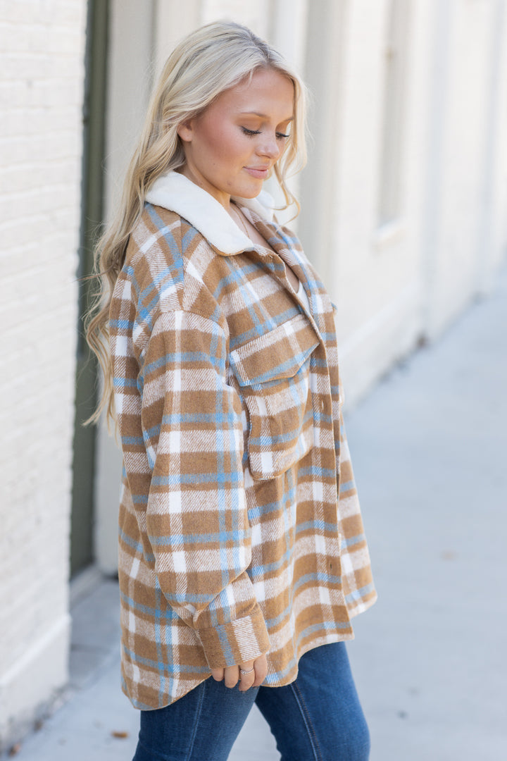 By The Fireside Plaid Shacket Taupe