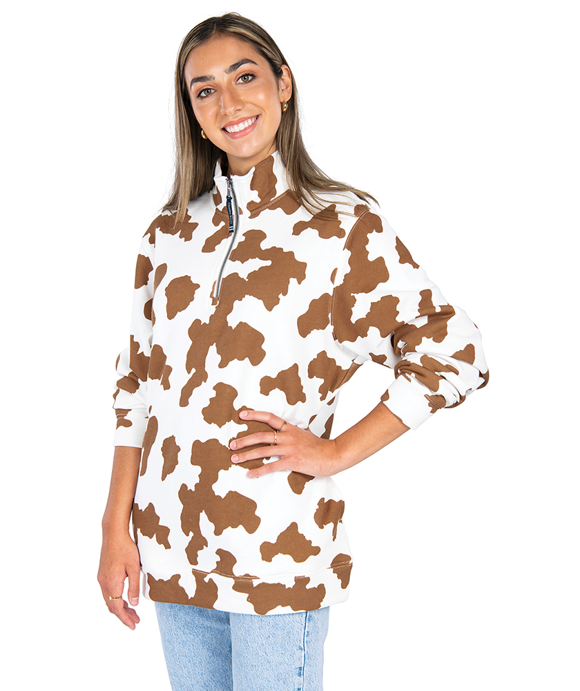 Crosswind Quarter Zip Sweatshirt Brown Cow Print