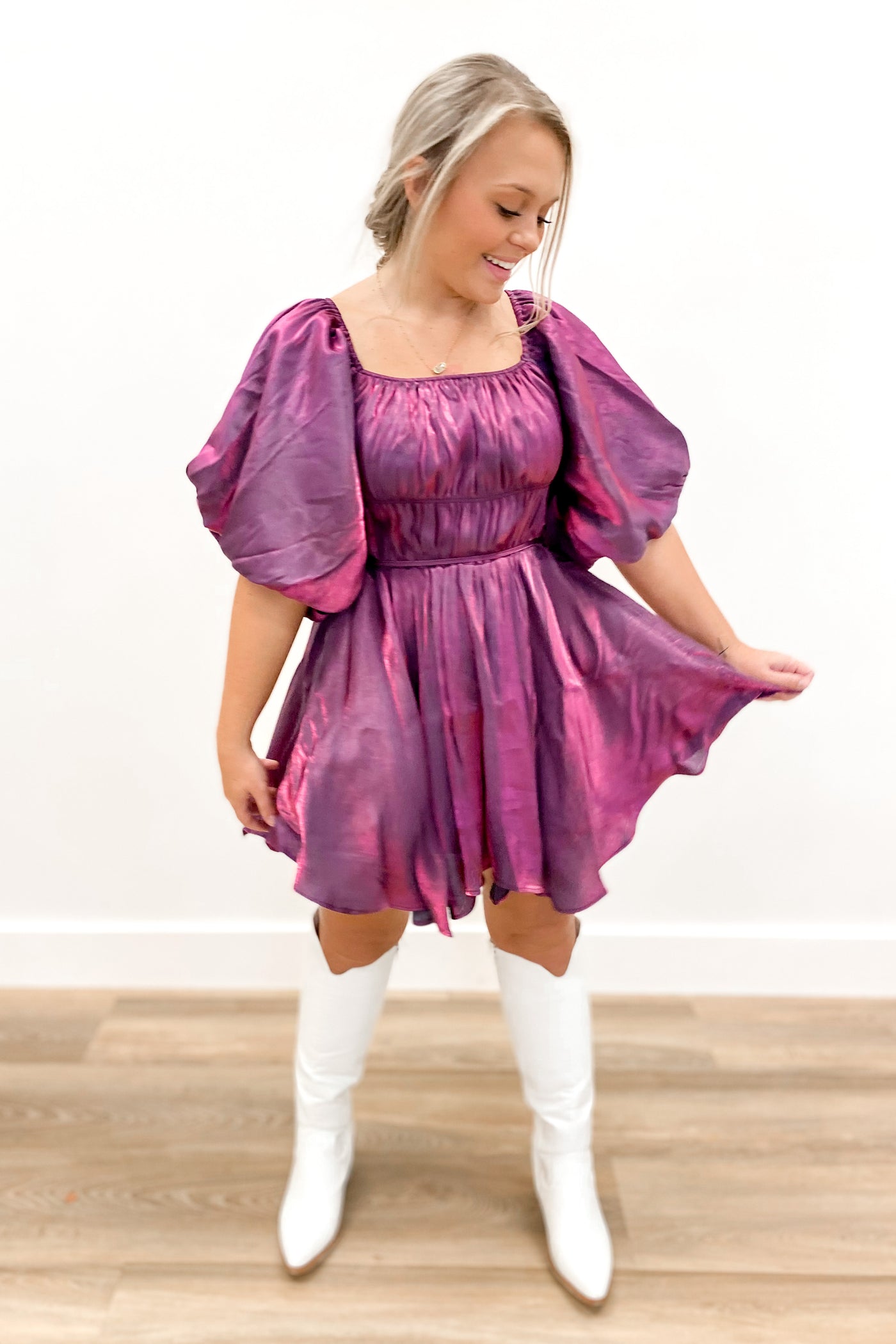 Let's Go Girls Bubble Sleeve Mini Dress Violet