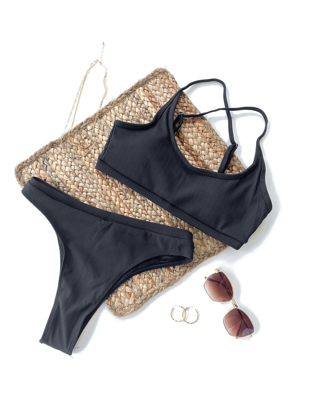 Meet Me At The Lake Two Piece Ribbed Swimsuit Black