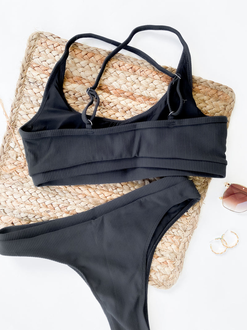 Meet Me At The Lake Two Piece Ribbed Swimsuit Black